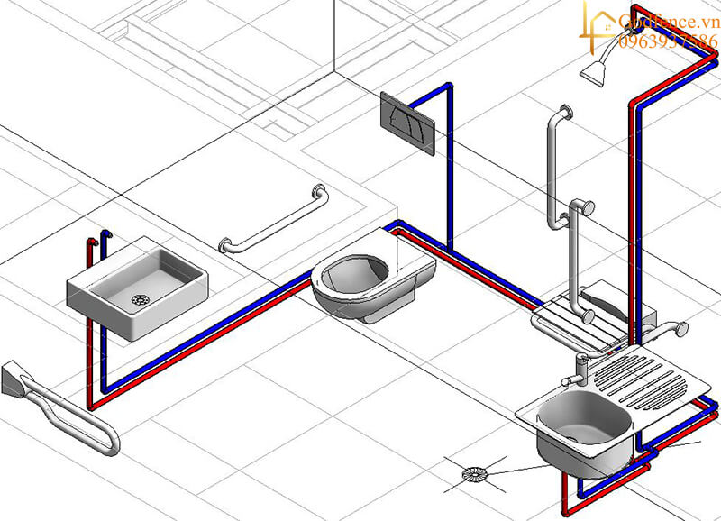 Lắp đặt hệ thống đường ống dẫn nước vào khu vực nhà vệ sinh, nhà bếp