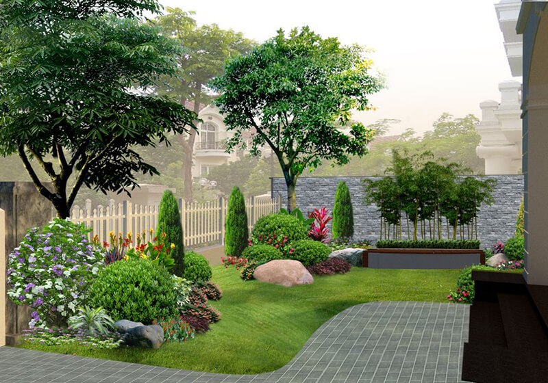 Sân vườn thiết kế mang phong cách Á Đông được đặc trưng trong việc sử dụng nguồn nguyên liệu tự nhiên, đơn giản